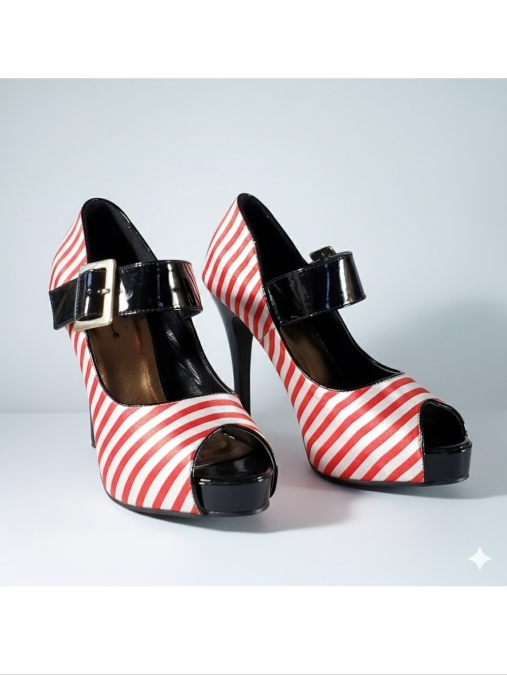 Ellie Size 6 Pumps Peep Toe High Stiletto Red Satin Stripe Black Patent Leather